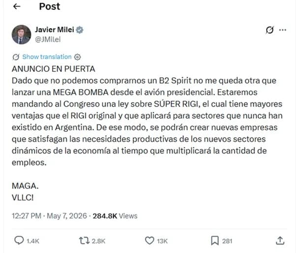 Grandilocuente anuncio de Javier Milei desde el avión presidencial: "SÚPER RIGI"