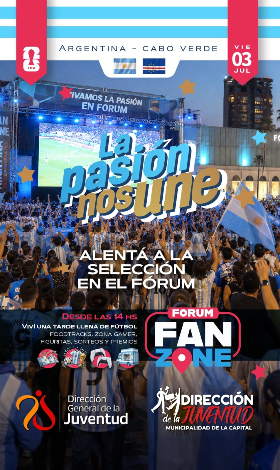 Vuelve la Fan Zone al Fórum para alentar a la Selección Argentina este viernes 3 de julio