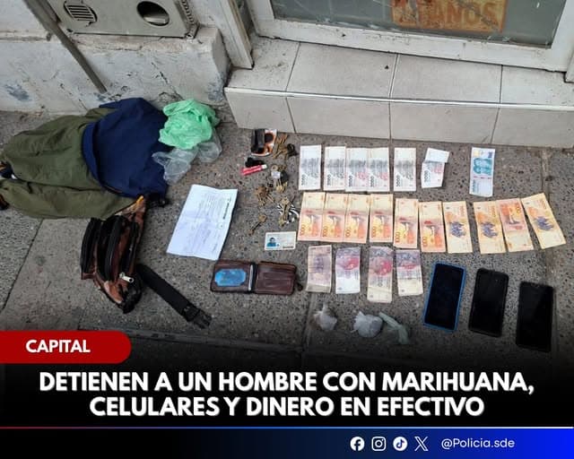 En zona céntrica detienen a una sujeto con marihuana, celulares y dinero en efectivo